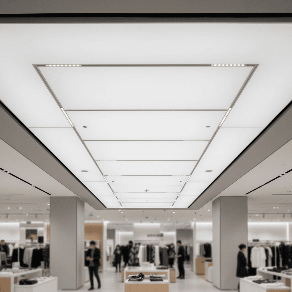 Completed hard ceiling system in retail commercial space