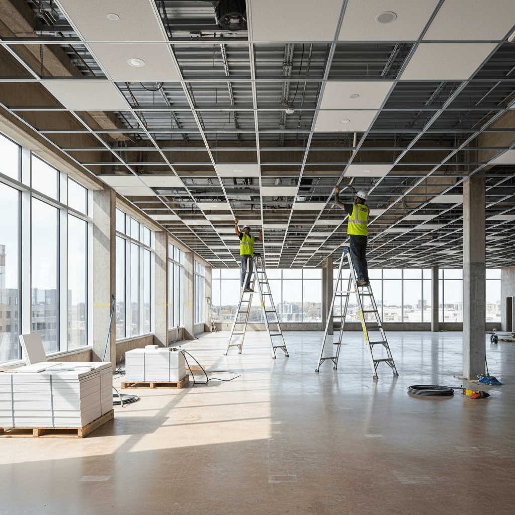 Industrial bright daylight aesthetic, wide shot of a commercial office space mid-installation