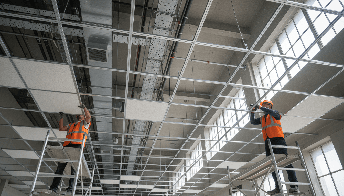 Commercial ACT ceiling installation in progress with skilled workers on scaffolding