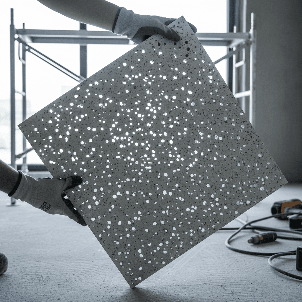 ACT ceiling tile showing acoustic perforation for sound absorption