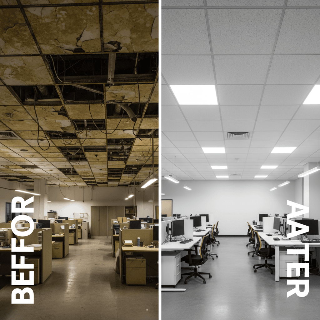 Before-and-after ceiling renovation transformation