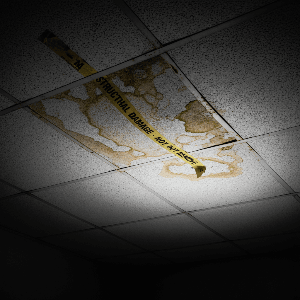 Water-damaged acoustic ceiling tiles showing stains and deterioration