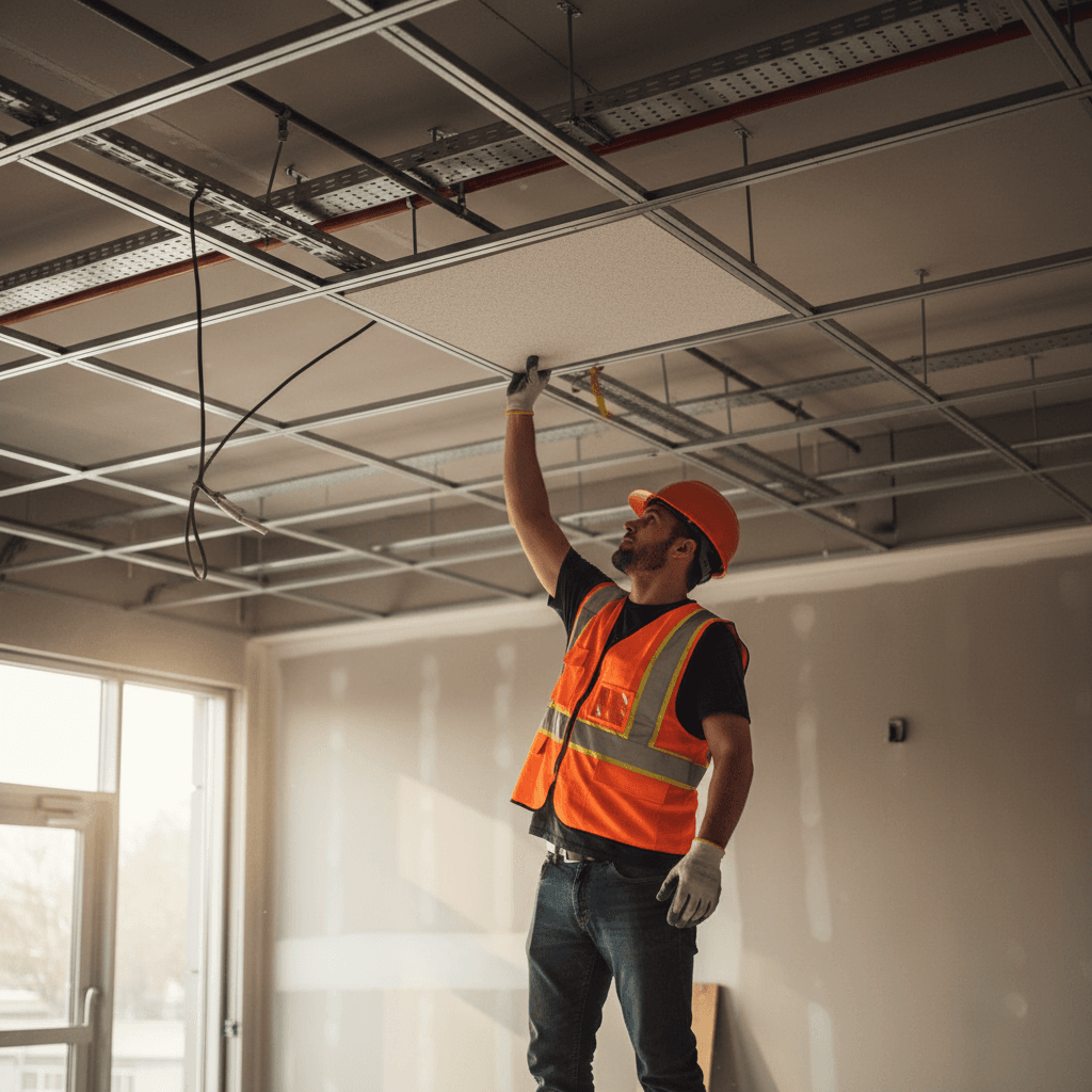 Skilled installer positioning ACT ceiling tile with precision